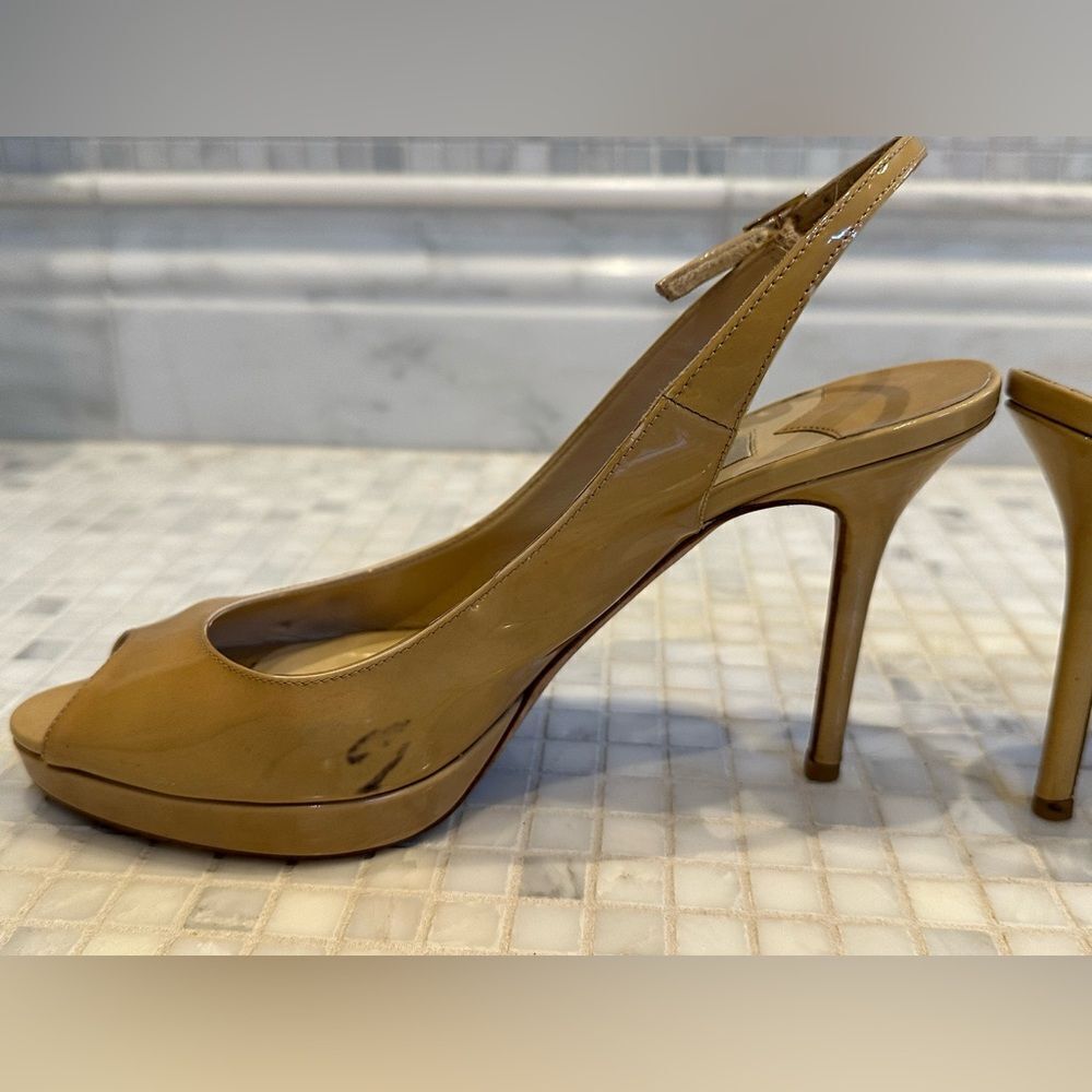 Jimmy Choo Women Peep Toe Nude Patent Leather Platform Slingback Heels - Picture 8 of 14